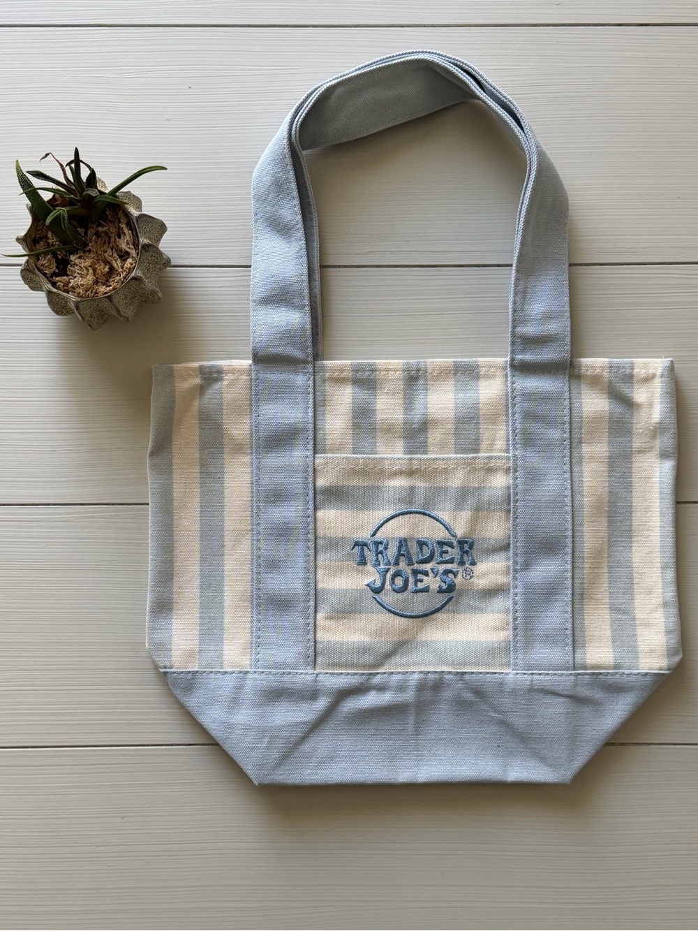 Trader Joe's 2026 Limited Summer Edition Blue & Cream Striped Mini Canvas Tote